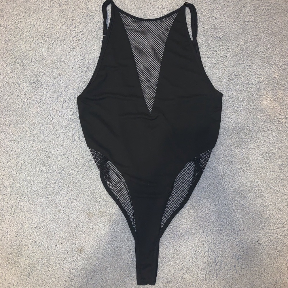 Black Mesh Deep V Bodysuit